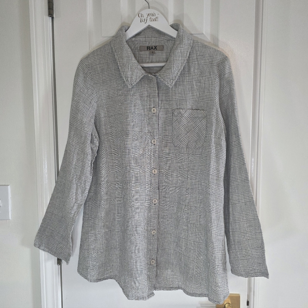 PRISTINE Flax Linen Plaid Button Up Long Sleeve Shirt Size Small